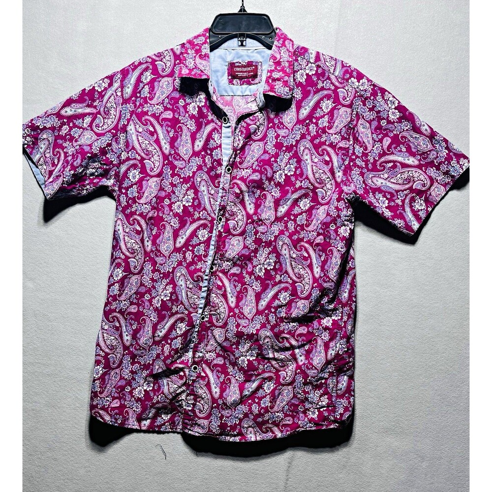 Consequence Men’s L Pink/Blue/White Paisley Woven Button-Up Shirt Short Sleeve